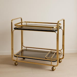 Italian Art Deco Serving Trolley.Bar cart Hollywood Regency Round Trolley with Smoked Glass, Vintage Brass 2 tier Serving Cart, Brass Table