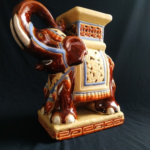 Elephant statue 25cm.Vintage glazed ceramic elephant figurine with cut holes.Chinoiserie-style flower pot base. Ornament handmade