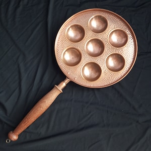 Vintage copper escargot pan / egg pan / with wooden handle / rustic kitchen display decor / farmhouse / French country / cottage
