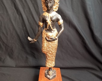 Indonesian goddess with , gilded metal, 1940s. Antique Thai/Buddhist Thai Bronze Rare Standing Teppanom Thai Angel Figurine