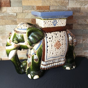 Elephant statue 44 cm.Vintage glazed ceramic elephant figurine with cut holes.Chinoiserie-style flower pot base. Ornament handmade