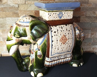 Elephant statue 44 cm.Vintage glazed ceramic elephant figurine with cut holes.Chinoiserie-style flower pot base. Ornament handmade