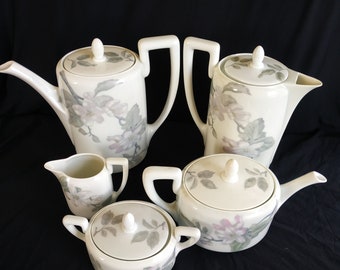 Art Deco Tea or Coffee Set, Rosenthal Selb Bavaria, Isolde Shape, Hand Painted, Signed, Complete 5pcs, 1920s.Rosenthal Isolde cherry blossom