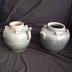 Antique Chinese jug (2) with blue-gray glaze or Shiwan style wine jug. Martaban jug, pot, Ming Dynasty period,
