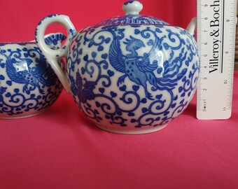 Vintage Japanese Porcelain Sugar and Creamer Blue and White