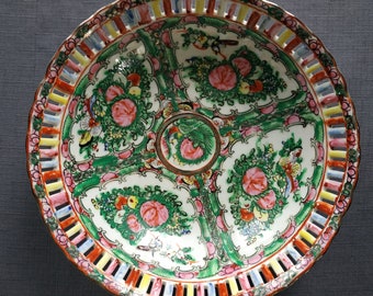 Miski z medalionem Famille Rose - Vintage - Krawędź siatkowana - Chinoiserie - Porcelana Vintage - Porcelana Peony - Grandmillennial - Różowe