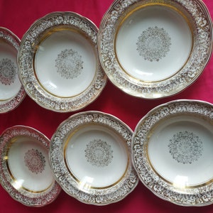 Antique plate Grindley Cream dessert plate Portman set 6 pieces, iron stone, vintage, Staffordshire, gold, cream color with gold decoration