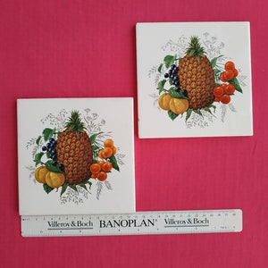 May include: Two white ceramic tiles with a pineapple, blackberries, and orange fruit design. The tiles are decorated with a white background and gray leaves. The tiles are from Villeroy & Boch and feature the text "BANOPLAN".