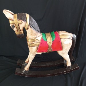 Vintage ROCKING HORSE SCULPTURE, handmade ornamental wooden rocking horse, colorfully painted. 45 cm high.