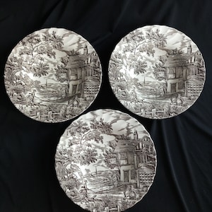 3- RARE DEEP PLATE The Hunter By English Myott Royal Mail -Black On White -Handengraved- Vtg Porcelain Serving -Collectible Dinnerware