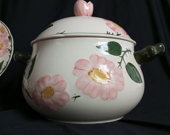 Peut inclure: Soupière en céramique blanche avec un couvercle et deux anses. La soupière est décorée de roses roses et de feuilles vertes.