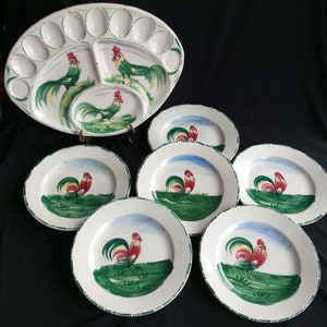 Set of decorative ceramics.6 plates and 1 large dish.handmade.Rooster Design . Made in Italy