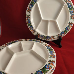 Set of 3, Villeroy and Boch, divided, grill, plate, 10.25 inches, vintage, midcentury, raclette, fondue, Luxembourg, rooster, floral,scroll
