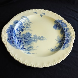 English Ironstone Plate Blue Transfer Ware/Antique Cake Plate/English Country Inns Grindley Staffordshire plate