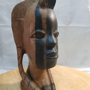 Vintage African Tribal Head Sculpture, Hand Carved Wood Bust Vintage African folk art, carved hardwood girl head, wood statue.