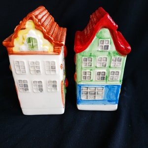Miniature Houses Delft Polychrome Hand Painted - 2 Dutch Canal Houses In Amsterdam
