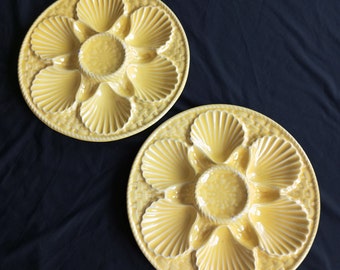 Set di 2 piatti antichi francesi gialli per ostriche di Longchamp, 2 piatti da portata in ceramica per frutti di mare, piatto per ostriche in maiolica, piatti per frutti di mare