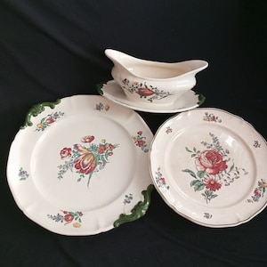 French Vintage PORCELAIN Plate ~ Villeroy & Boch in &quot;Mettlach&quot; Motif ~ Hand Painted Floral Design ~ Made in France-three items