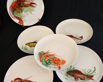 Plate set !Seafood Serving Plates Antique Porcelain Orange Plates !