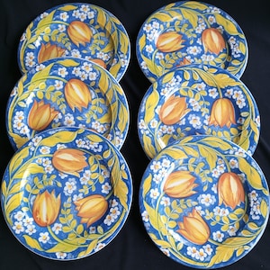 Very rare set of 6 plates/French Faience Ligne Hotesse Bowls Set, French Ceramic Plates. Palluly, Design. Cottage Chic. Yellow Tulips