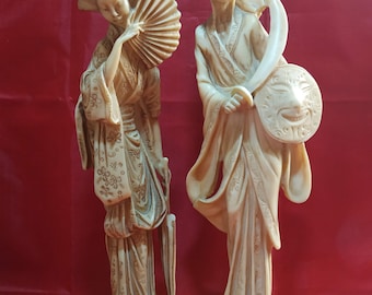 Vintage Pair Of Heavy Oriental Japanese Resin Sculpture Figurines Man & Lady.Japanese warrior and geisha