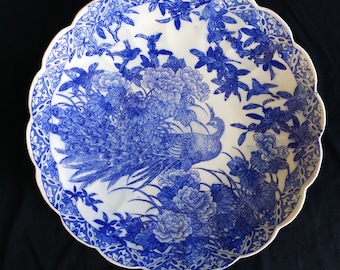 Blue and White Japanese Imari Serving Plate with Peacock Decoration