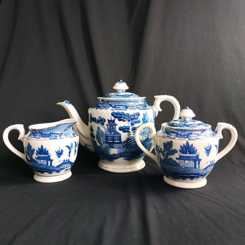 RARE Blue and White Willow Teapot Sugar Bowl and Milk Jug Set Etsy