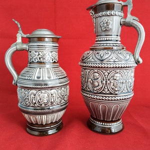 Two wine jugs with pewter lids. German vintage art / pottery vase / Vintage Studio ceramic vase / . 500 and 750mlGerman Marzi Remy