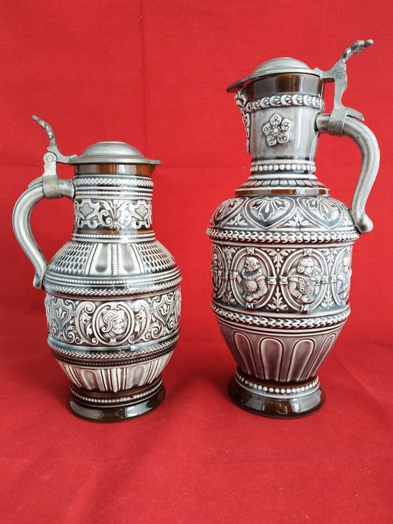 Two Wine Jugs With Pewter Lids. German Vintage Art / Pottery Etsy
