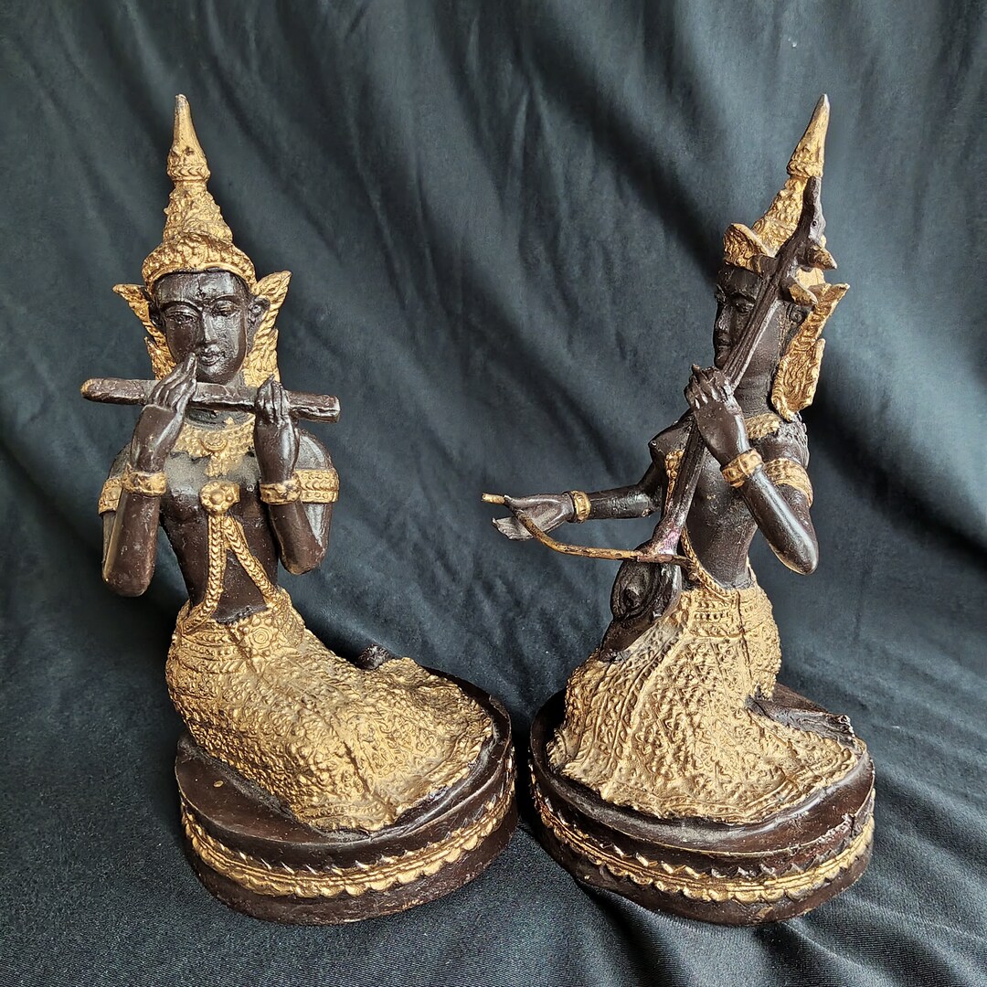Vintage Thai Gold Gilt Bronze Statues of Musician Buddhas Gilded Metal