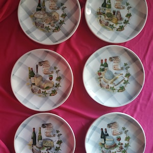Six French Cheese Plates. Vintage Cheese Plate Set illustrated with Famous French Cheese & French Wines. Cheese Lover Gift. Wine Lover Gift