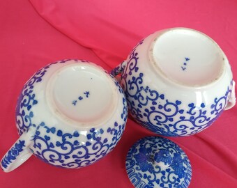 Vintage Japanese Porcelain Sugar and Creamer Blue and White