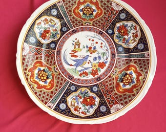 Vintage japoński talerz Arita-yaki, intensywna czerwień i złoto, piec Daikichi-Gama