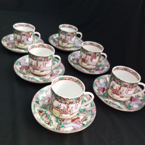 Famille Rose Medallion Set of 6 Demitasse Cups and Saucers