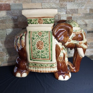 Elephant statue 44 cm.Vintage glazed ceramic elephant figurine with cut holes.Chinoiserie-style flower pot base. Ornament handmade