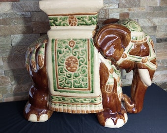 Elephant statue 44 cm.Vintage glazed ceramic elephant figurine with cut holes.Chinoiserie-style flower pot base. Ornament handmade