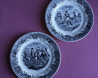 2 Napoleon army soldier battle scene porcelain marked plates