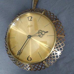 Antique clock/vintage bronze mechanical clock/Wonderful Clock / Glass / Gold / 60s / Midcentury Design