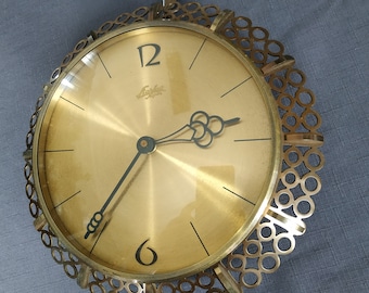 Antique clock/vintage bronze mechanical clock/Wonderful Clock / Glass / Gold / 60s / Midcentury Design