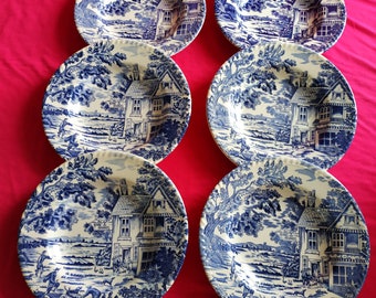 Very rare set of 6 plates soup or pasta bowls!Luneville France English Style Rimmed Soup Bowl - French Vintage - Blue and White