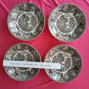 Brown Transferware Plates Wood & Sons Very rare set of 4 soup or pasta bowls! Enoch Wedgwood Tunstall &quot;Old English Village&quot;, (19 cm)