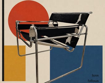May include: A tubular steel chair with black and white cowhide upholstery. The background features the text 'bauhaus', '1925', and 'form follows function' alongside a large orange circle, a yellow rectangle, and a blue square on a cream backdrop.