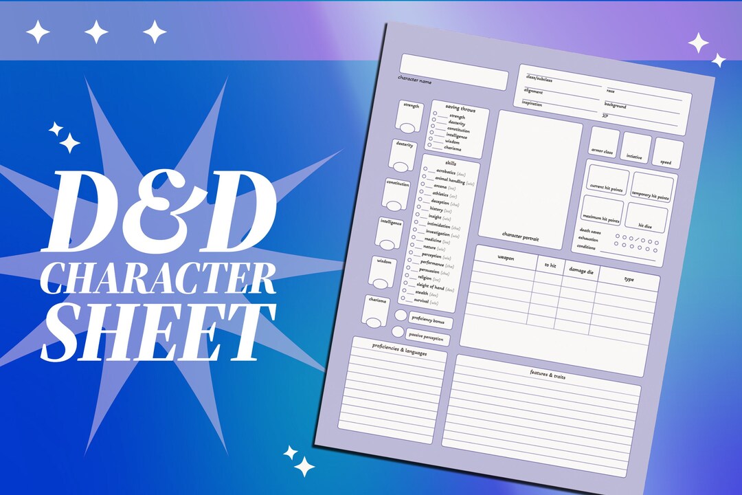 D&D 5e Character Sheet PDF Download Print Version Etsy