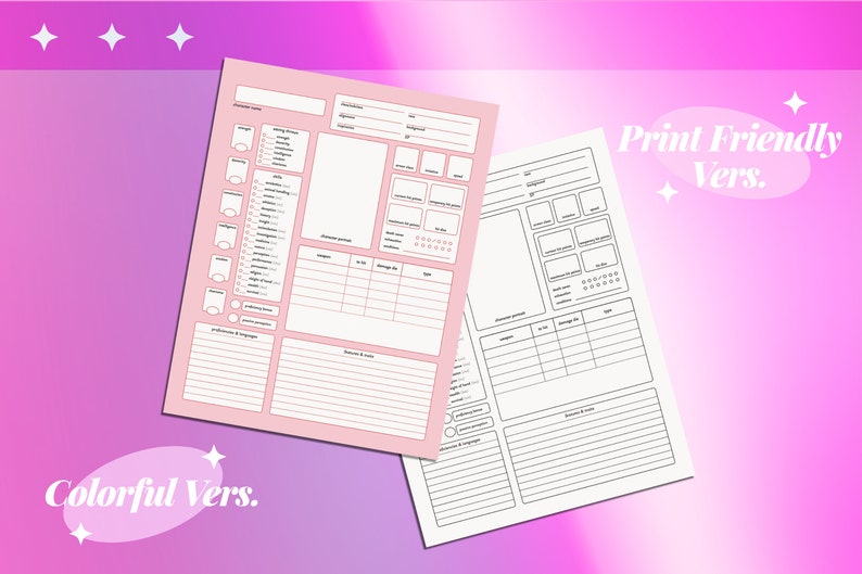 D&amp;D 5e Character Sheet PDF Download Print Version - Etsy