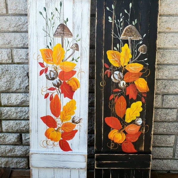 Autumn leaves sign. Handpainted distressed wood shutter, two color options, Personalized autumn decor. Porch decorative wall leaner