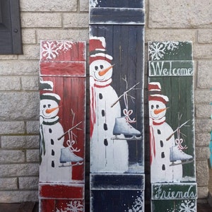 Snowman with skate handpainted wood shutter. Christmas and winter holiday home porch decor, 3 color options