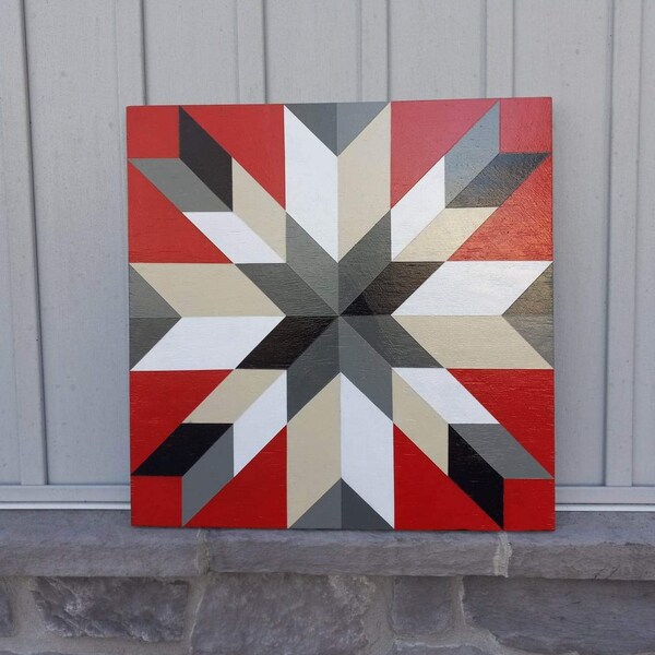 Handpainted wooden Barn quilt 2 ft×2ft. Interior and exterior. Quilters home decor for wall porch or barn. Red and gray quilt lover gift