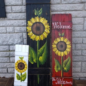 Sunflower sign, Handpainted distressed wood shutter with color options. Summer personalized family name porch decor for home,