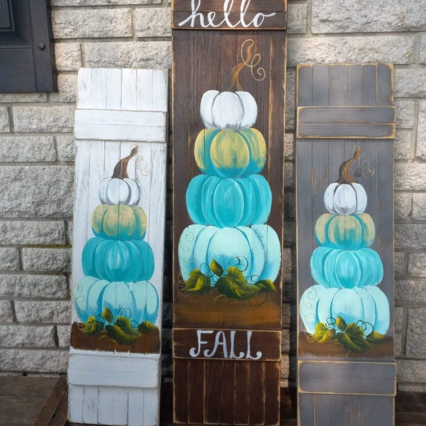 Teal, aqua, and white stacked pumpkins. Handpainted distressed wood shutter, three color options, Personalized autumn decor. Porch leaner.