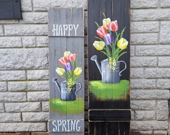 Spring tulips in watering can. Handpainted door leaner for easter and springtime decor. Porch sitter shiplap wooden shutter sign